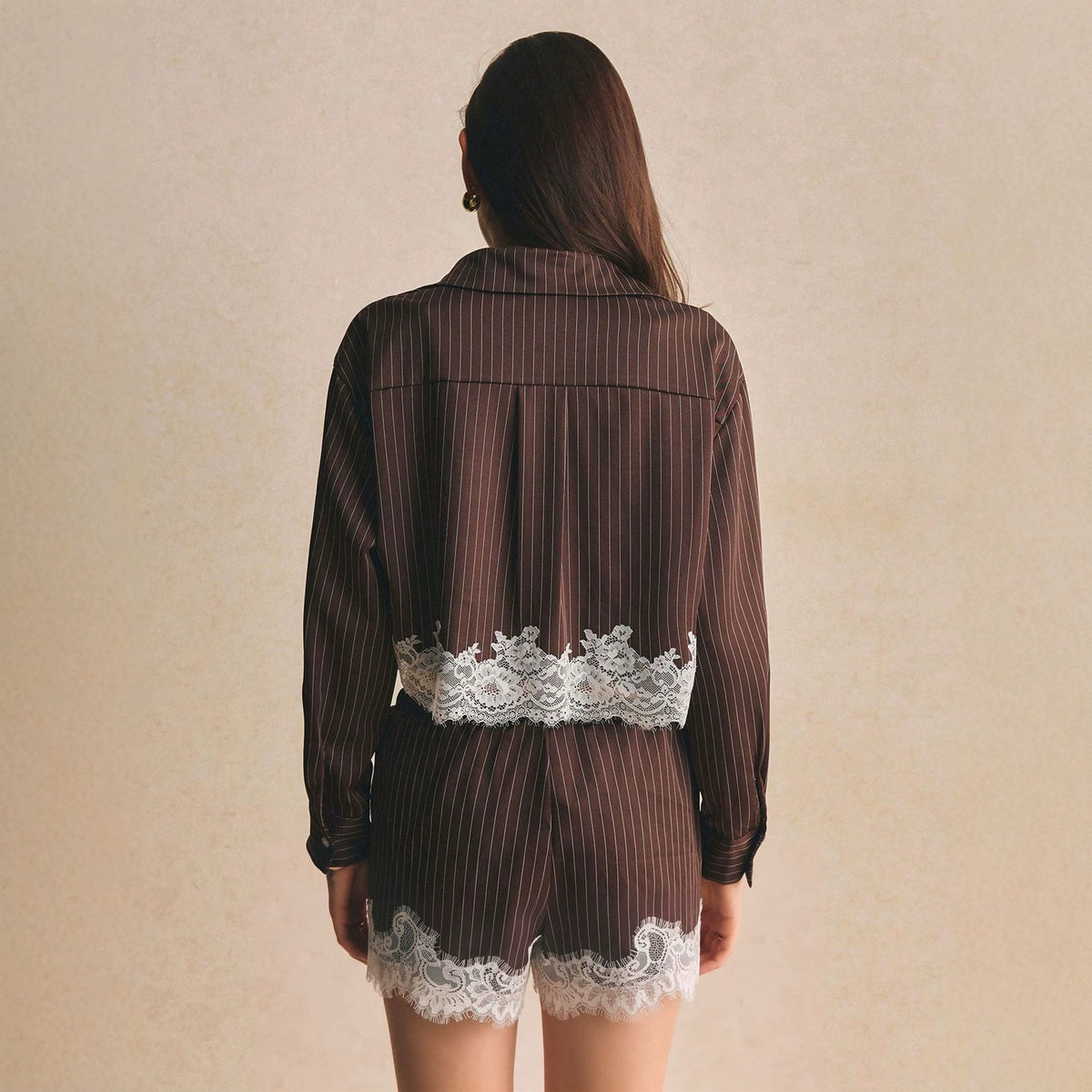 Women's Autumn Shorts Set Striped Shirt Collar Loose Long Sleeve Lace Stitching Hem