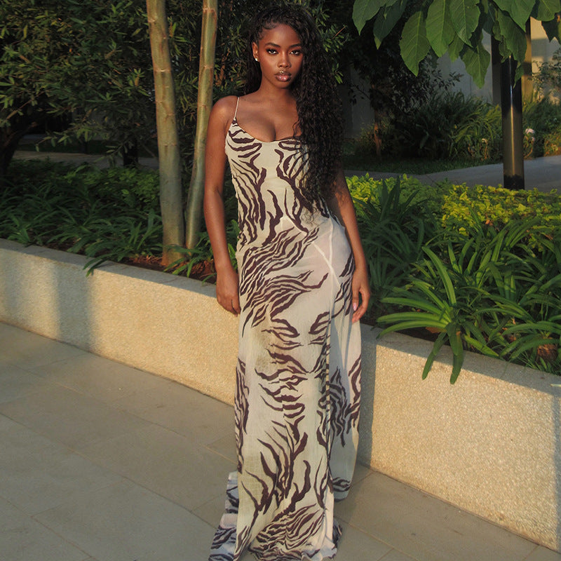 Women's Brown Pattern Maxi Cami Dress