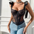 Women's Street Sexy Lace Mesh Boning Corset Corset Pure Want To Wear Outside Slim Fit Skinny Square Collar Long Sleeve Low Cut Top