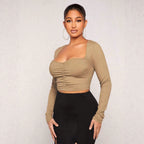 Retro Square Collar Long Sleeve T Shirt Pleating Slimming