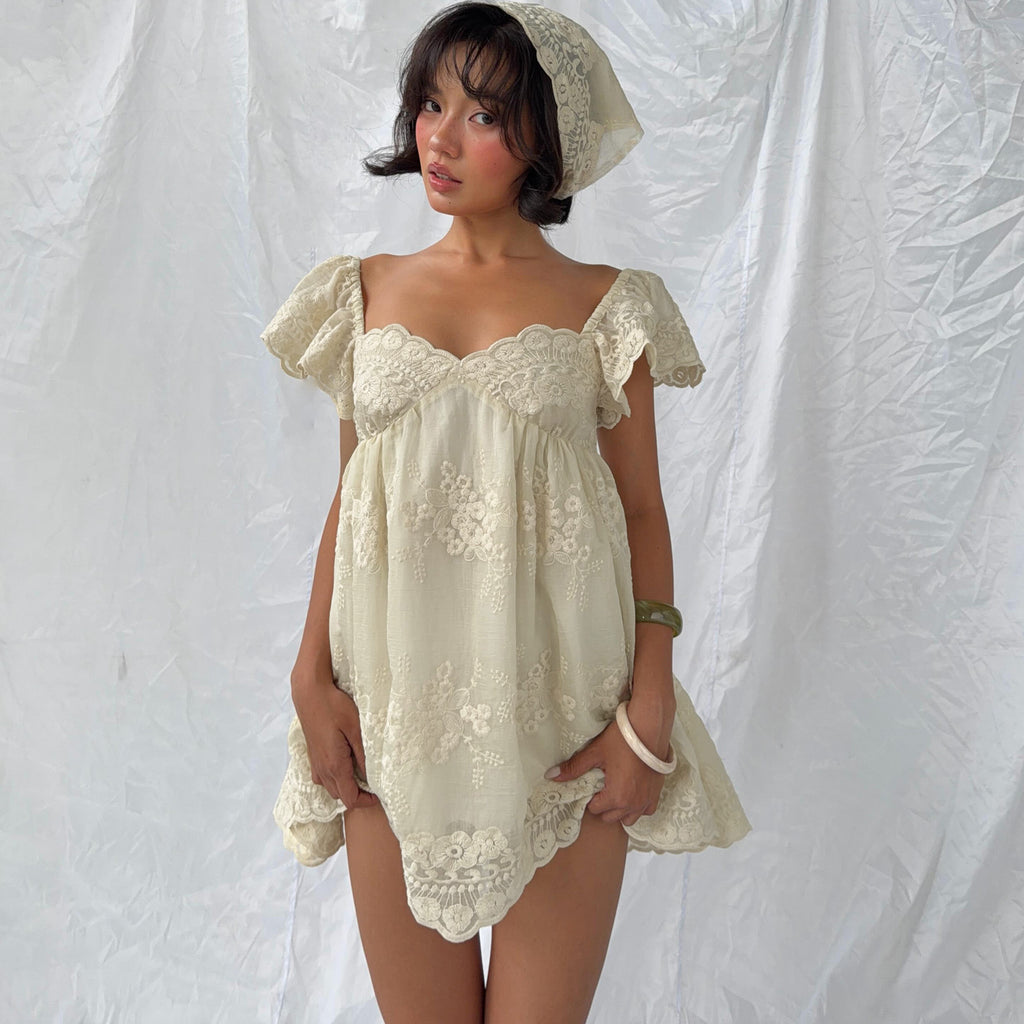Women's Lace-Embroidered Puff Sleeve Mini Dress