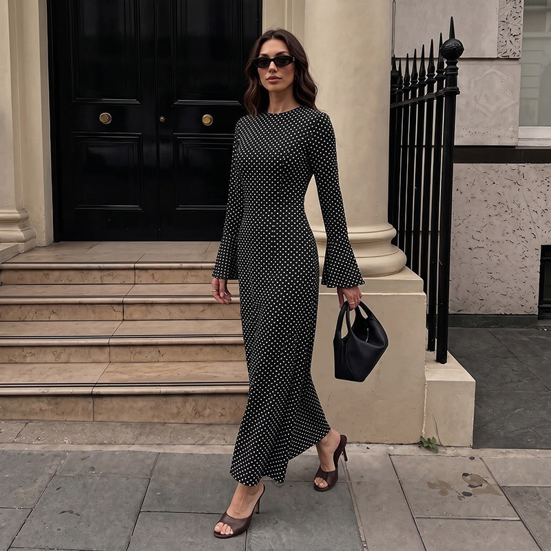 Women's Polka-Dot Backless Lace-Up Maxi Dress