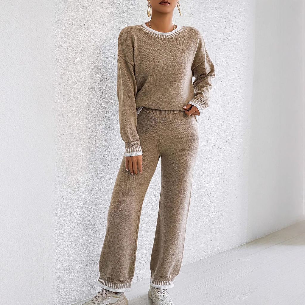 Women Autumn Winter Homewear Casual Two Piece Set Color Contrast Patchwork Pullover Top Straight Wide Leg Pants