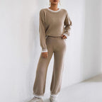 Women Autumn Winter Homewear Casual Two Piece Set Color Contrast Patchwork Pullover Top Straight Wide Leg Pants