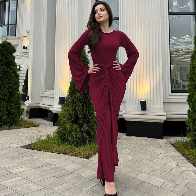 Women's Crew-Neck Tie-Waist Long-Sleeve Maxi Dress