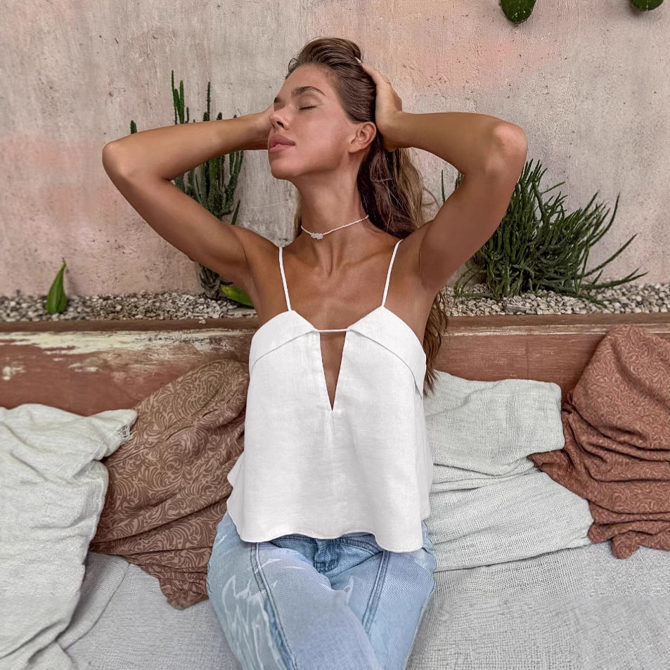 Women's Cotton Linen V-Neck Strap Vest Top
