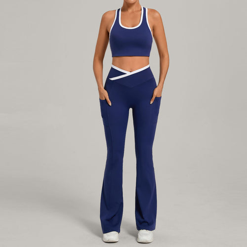Navy blue yoga vest and flare leggings set with white contrast U-neck trim