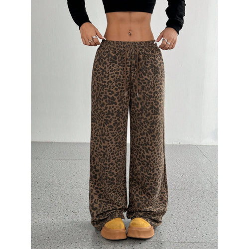 Leopard print straight-fit pants with elastic waist, dark brown and black spots