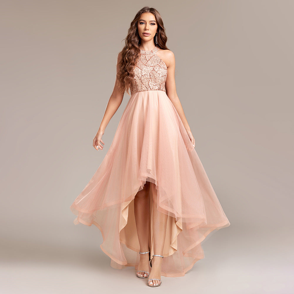 Women's Halter Sequin Lace Asymmetric Sleeveless A-Line High-Low Dress