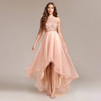 Women's Halter Sequin Lace Asymmetric Sleeveless A-Line High-Low Dress