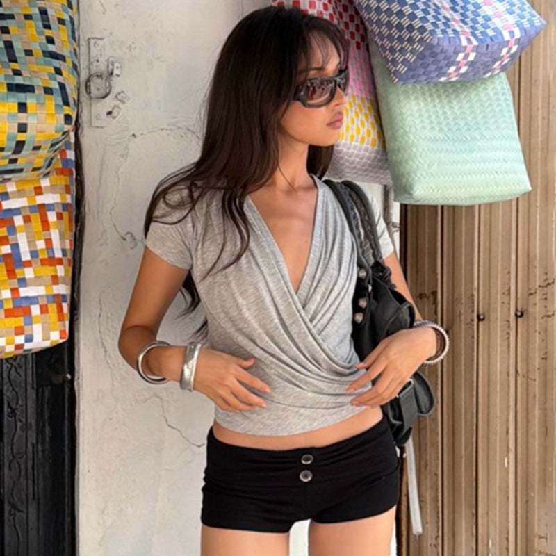 Sexy Solid Color Pleated Cross Deep V Plunge neck Short