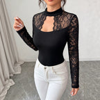 Women's Autumn Women Casual Lace Hollow Out Cutout Out Stitching Long Sleeve T Shirt Top Women