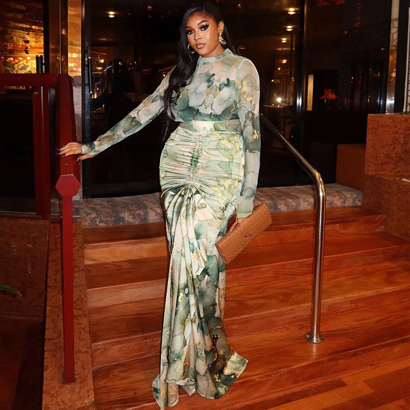 Women's Printed Waist Wrap Slim Dress Two-Piece Set