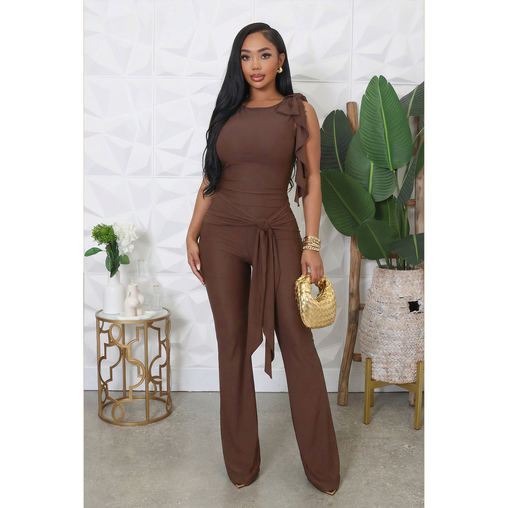 Women Clothing Personality Bandage Wooden Ear Pleated Vest Bell Bottom Pants Set