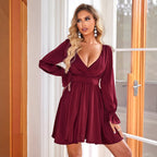 Deep V Plunge neck Dress Wedding Guest Casual Pleated Long