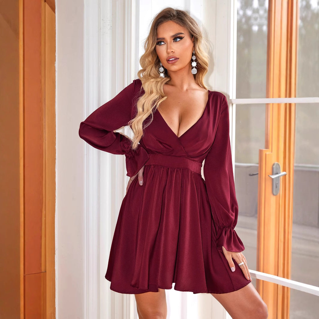 Deep V Plunge neck Dress Wedding Guest Casual Pleated Long
