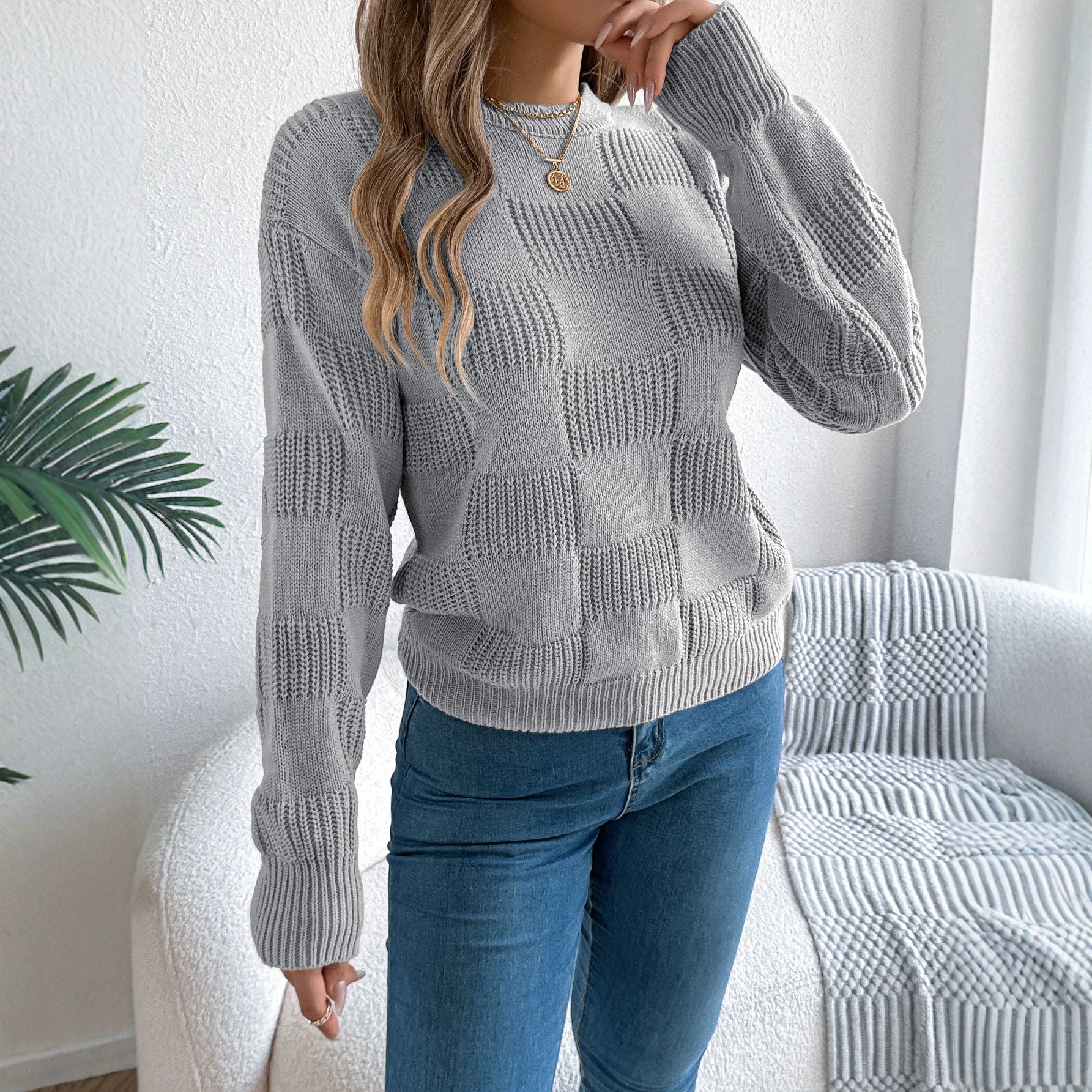 Women's Plaid Long-Sleeve Pullover Sweater