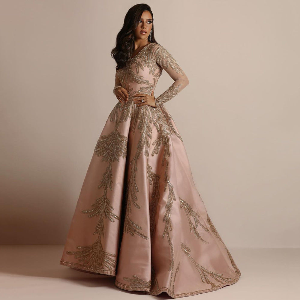 Pink Sequin V-Neck Long-Sleeve A-Line Maxi Dress