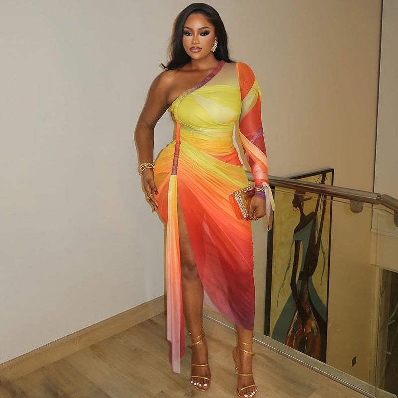 Pleated Color Matching Slit Slim Fitting Asymmetric Diagonal Collar Should