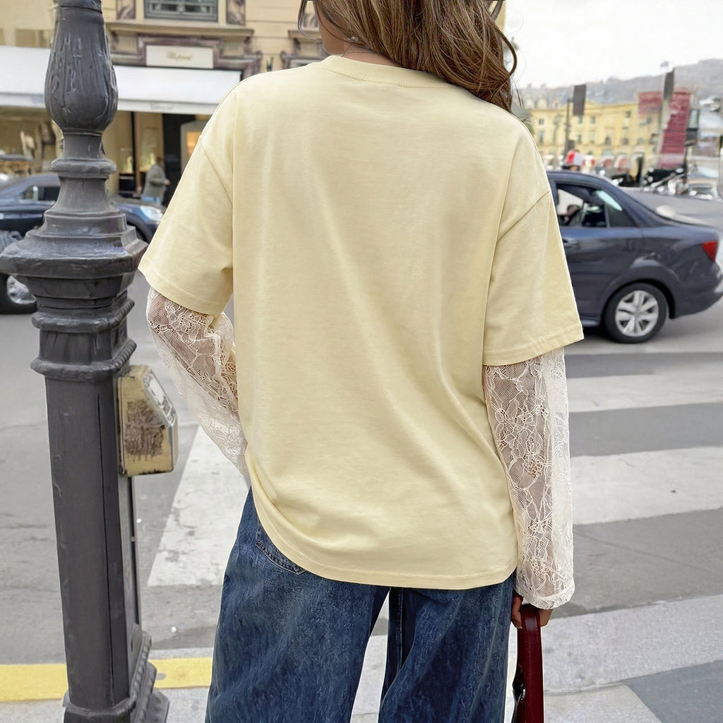 Women's Clothing Autumn Casual Lace Splicing T Shirt Top