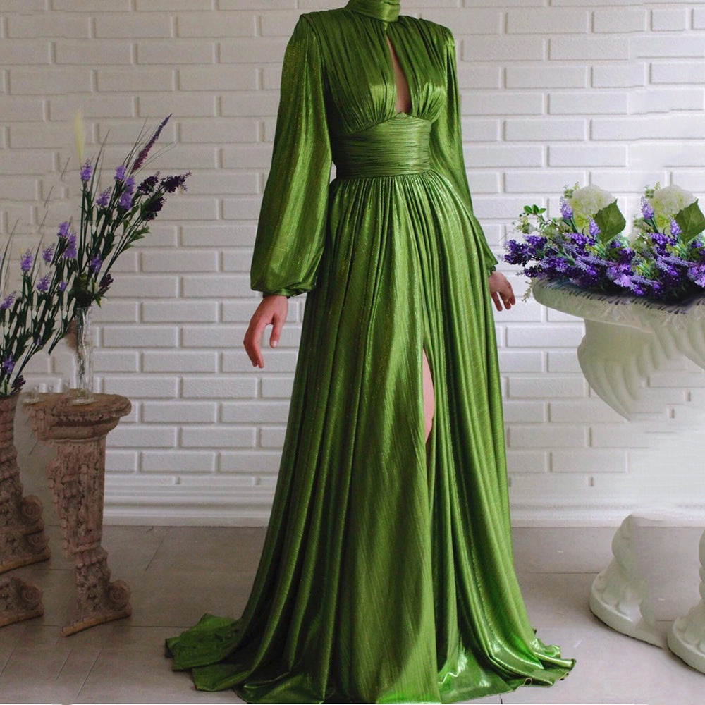 Women's Avocado Green Halter A-Line Maxi Dress
