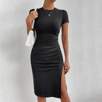 Women's Knit Short Sleeve Side Slit Bodycon Midi Dress