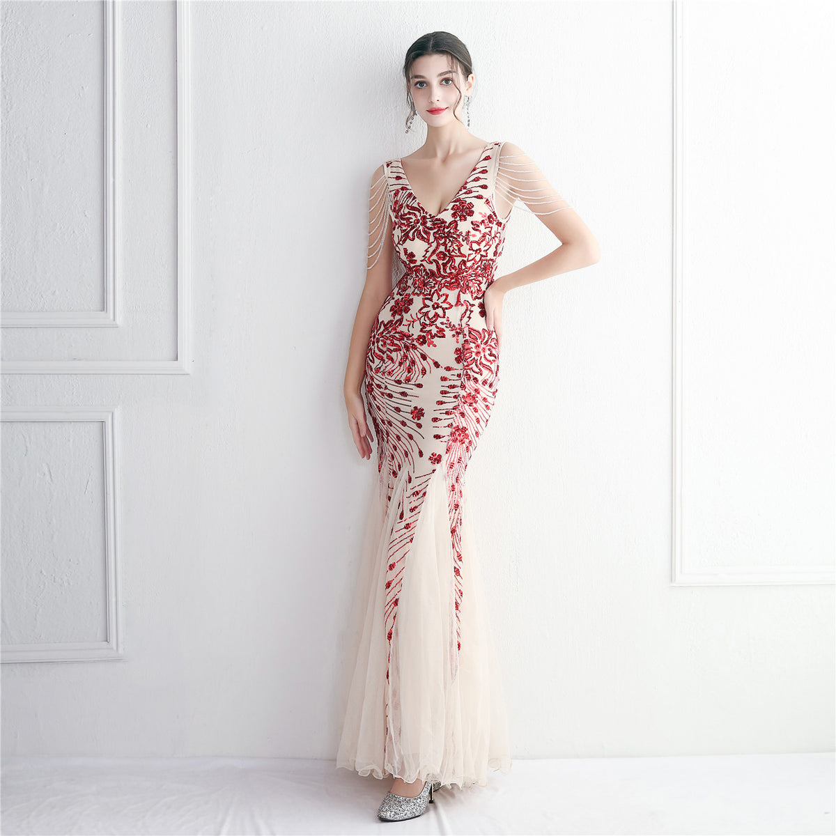 Women's Sequin Mesh Beaded Elegant Long Fishtail Sequin Sexy Dress