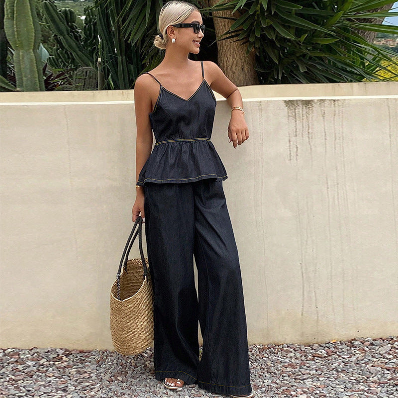 Women Summer Denim Sleeveless Overall Skirt Two Piece Sets