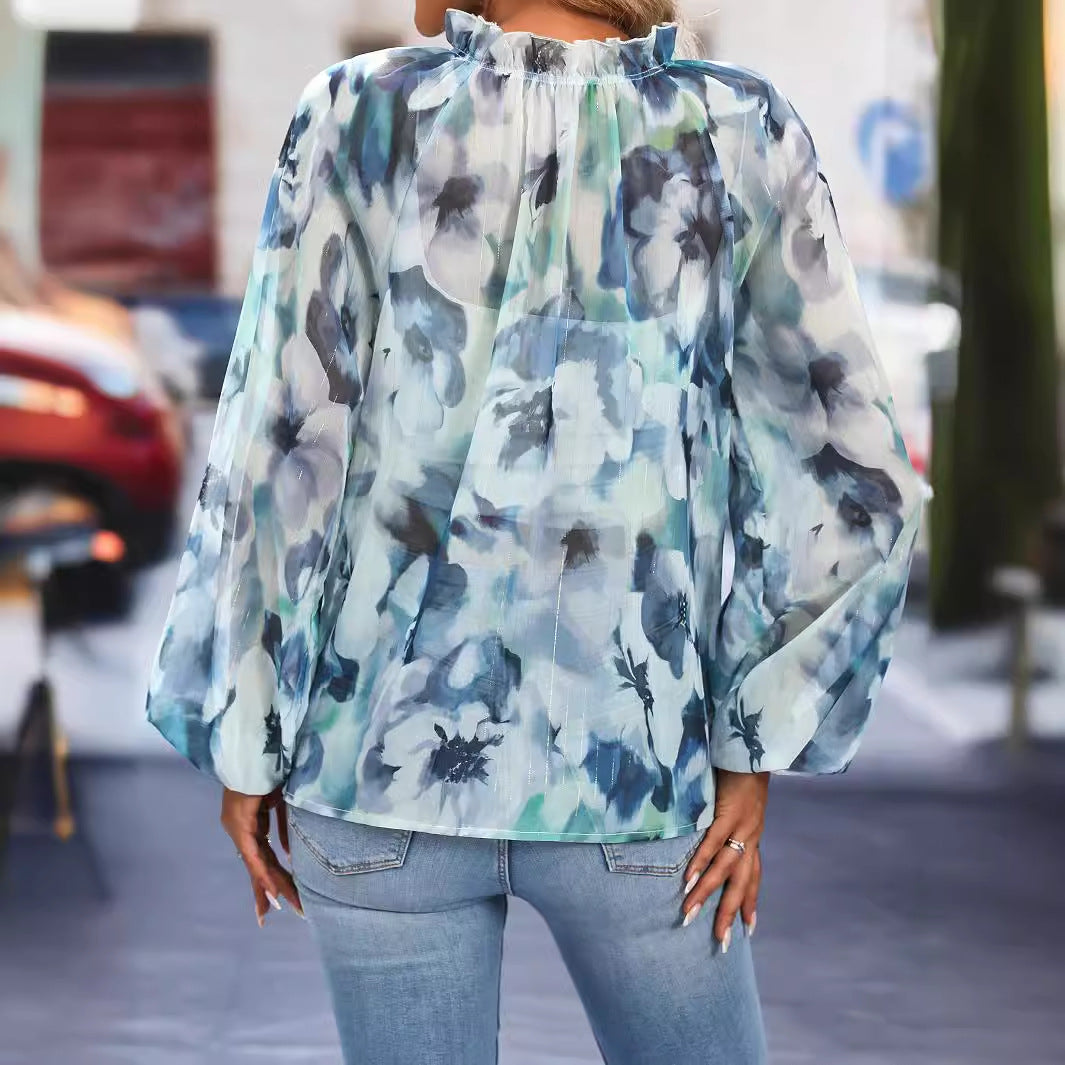 Women's Clothing Elegant Spring Autumn Lace Turtleneck Print Long Sleeve Women Shirt