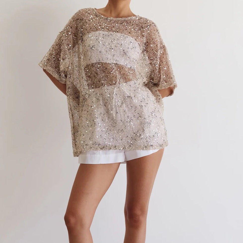Sequined Sheer Cutout Long Sleeve Top