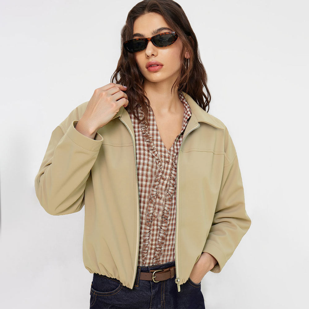 Women's Spring Autumn Khaki Short Work Clothes Coat Office Collared Stand Collar Multiple Wear Zipper Jacket for Women