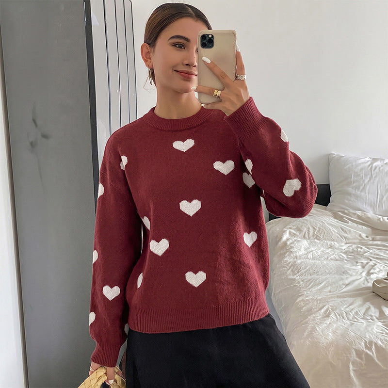 Autumn Winter Retro Sweet Lovely Jacquard round Neck Sweater