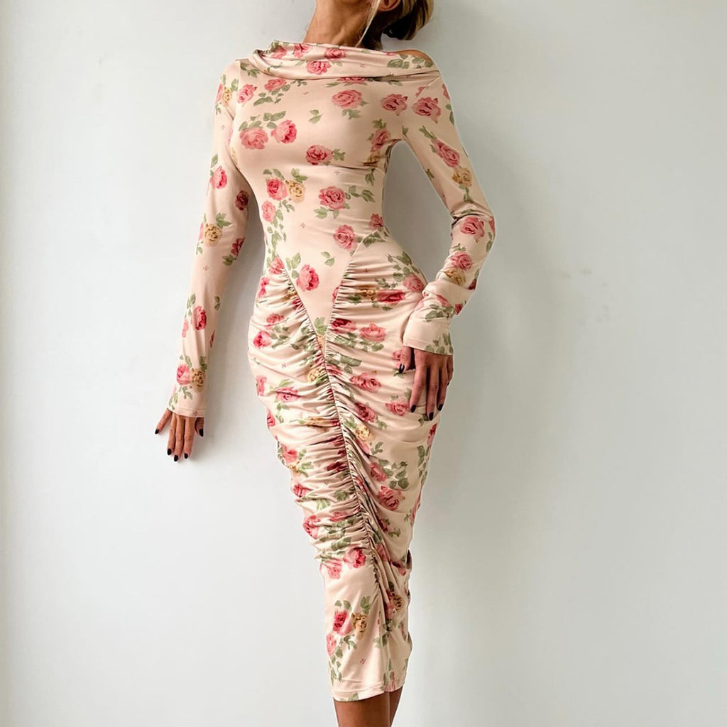 Women's Autumn Winter Slim Fit Oblique Shoulder Pleated Print Long Sleeve Midi Dress