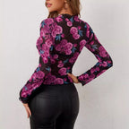 Floral Print Gauze Stand Collar Top