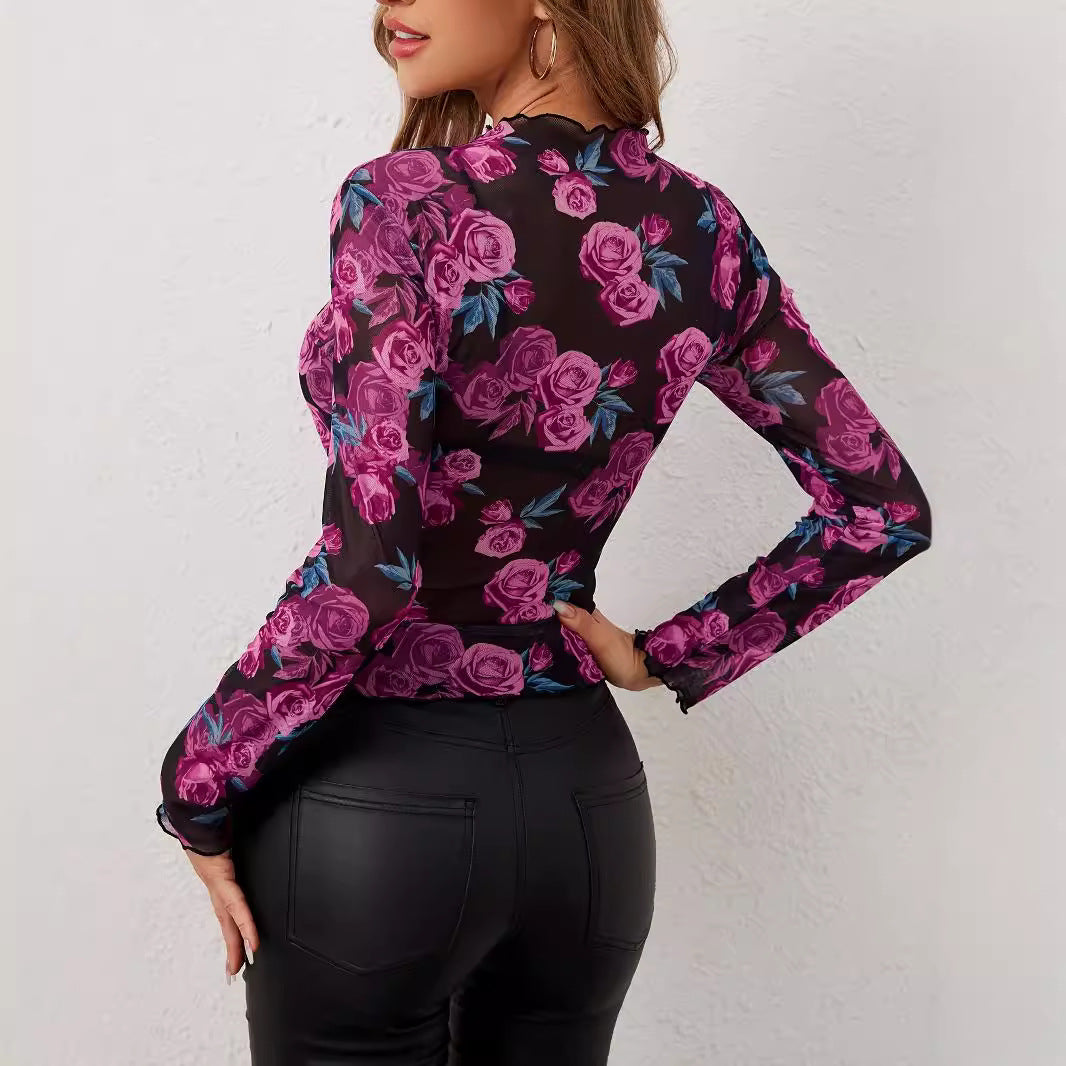 Floral Print Gauze Stand Collar Top