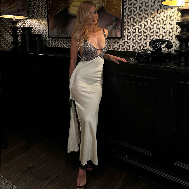 Women’s lace sling midi dress with black lace bodice and cream satin skirt