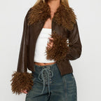 Women's Retro Fur Collar Stitching Leather Coat Women Autumn Solid Color Street Slim Jacket