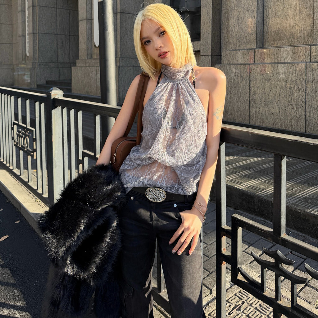 Women's Sheer Lace Halter Crop Top