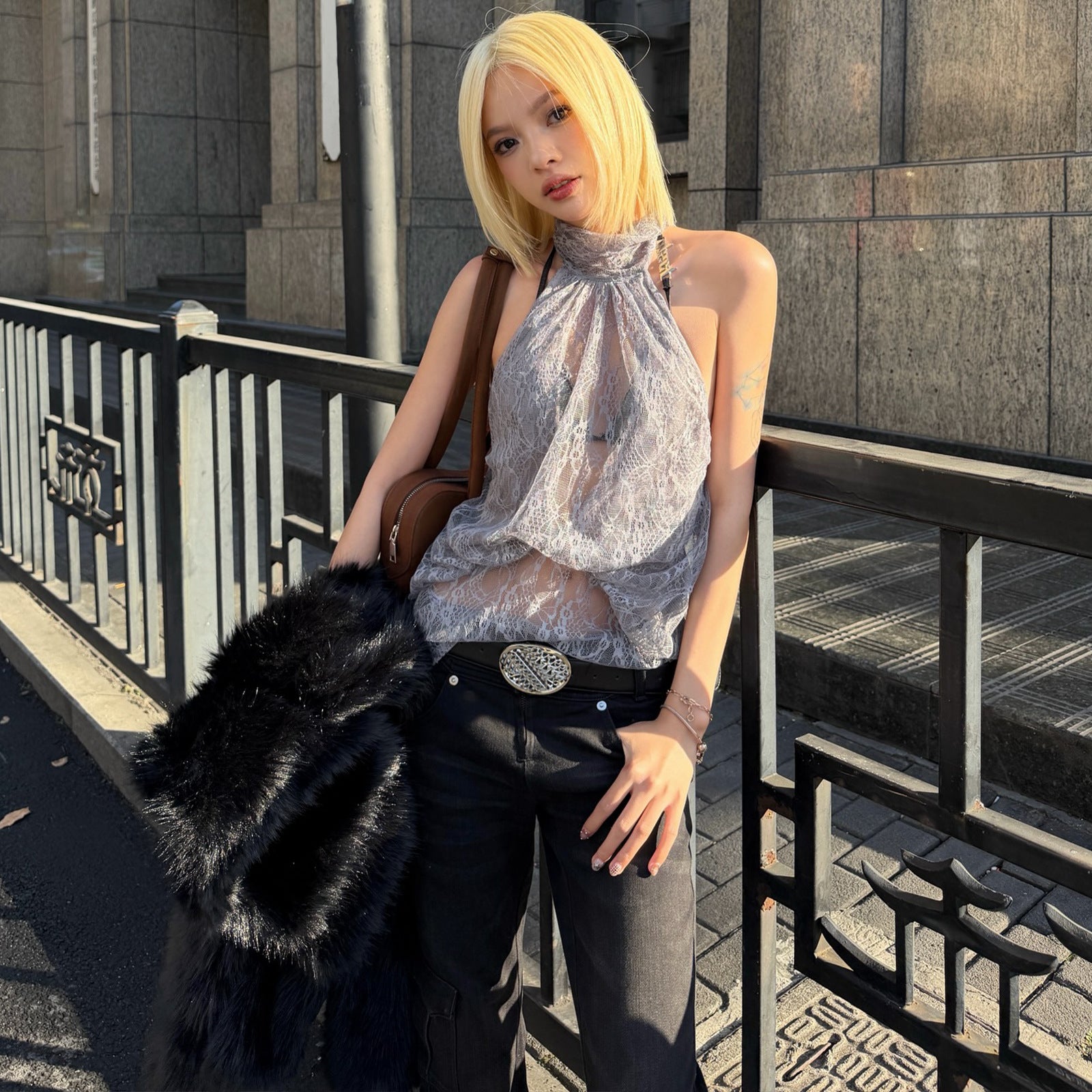 Women's Sheer Lace Halter Crop Top