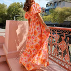 Women's Floral Square-Neck Puff-Sleeve A-Line Maxi Dress