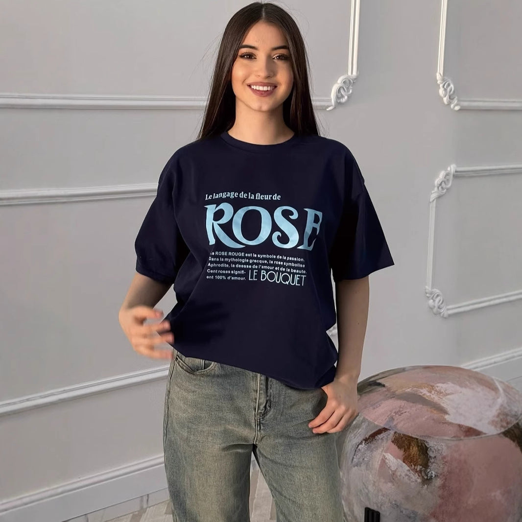 Women's Simple Letter Graphic Print T Shirt Women Summer Loose Round Neck Cotton Short Sleeve Top