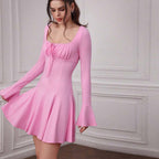 Women's Sweet Dress High Waist Square Collar Sweet Spicy Pink