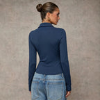 Women's Collared Pleated-Waist Long Sleeve Top