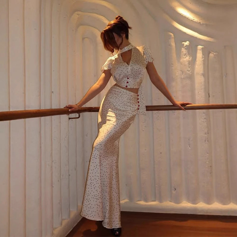 Polka-Dot Satin Top & Fishtail Skirt Set