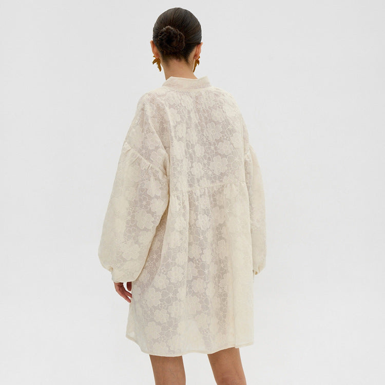 Women's Jacquard Puff-Sleeve Shirt Dress