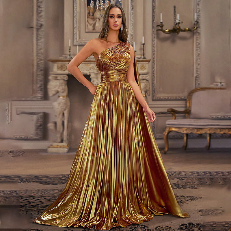 Women's One-Shoulder Pleated Maxi Dress