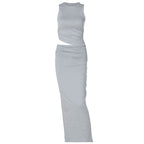 Women's Summer round Neck Sleeveless Top Slim Fit Slit Skirt Set