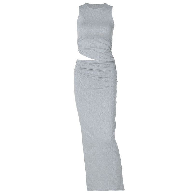 Women's Summer round Neck Sleeveless Top Slim Fit Slit Skirt Set