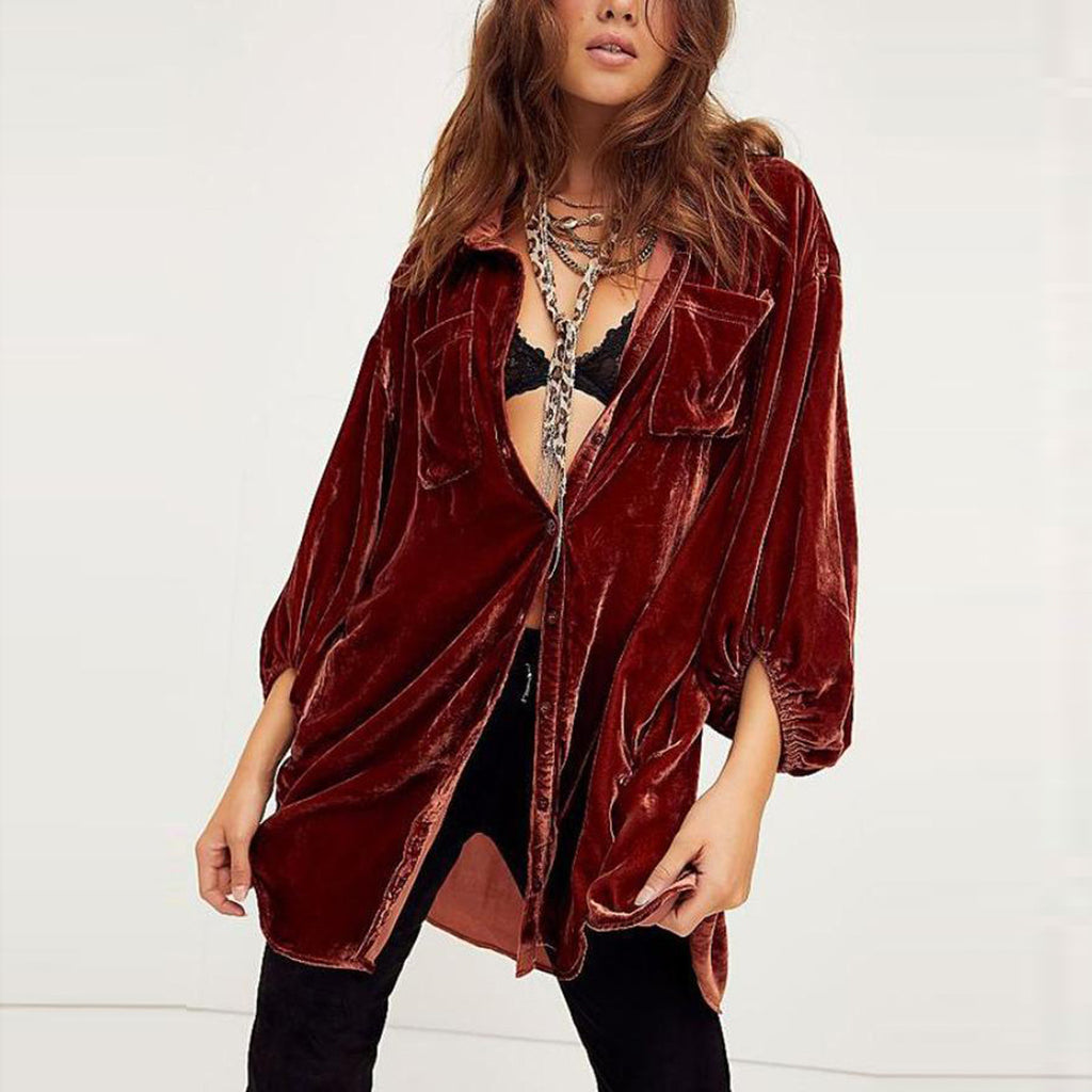 Women's Autumn Winter Pleuche New Loose Lantern Sleeve Long Shirt Top