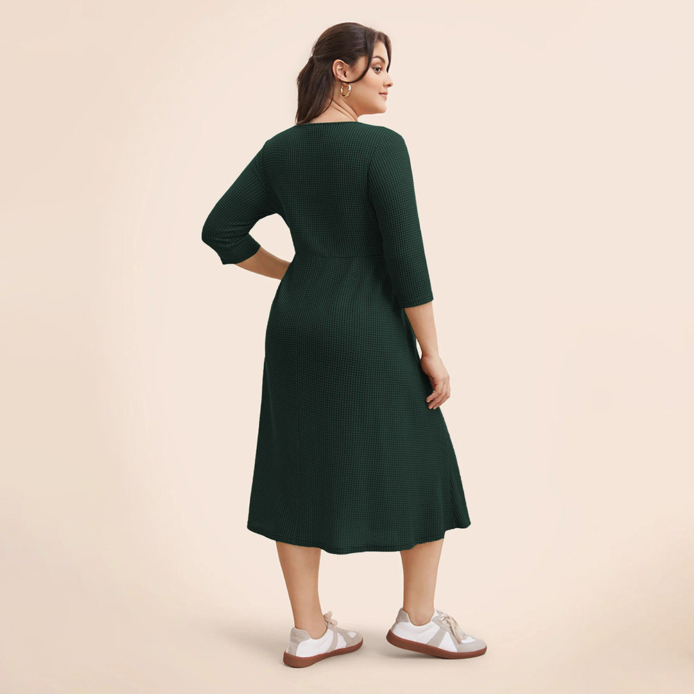 Women's Plus Size Square Neck Three Quarter Sleeve Tight Dress